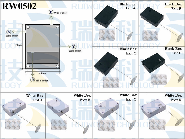 RW0502 Anti Theft Pull Box specifications (cable exit details, box size details)