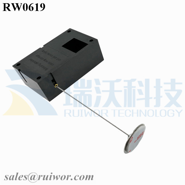 RW0619 Cuboid Ratcheting Retractable Cable Plus Stop Function 22mm Circular Sticky metal Plate as Tethered Item