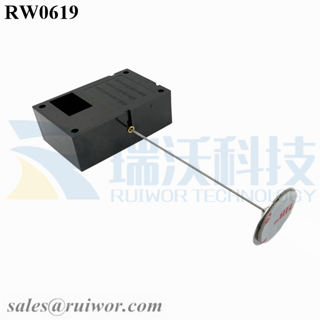RW0619 Cuboid Ratcheting Retractable Cable Plus Stop Function 22mm Circular Sticky metal Plate as Tethered Item
