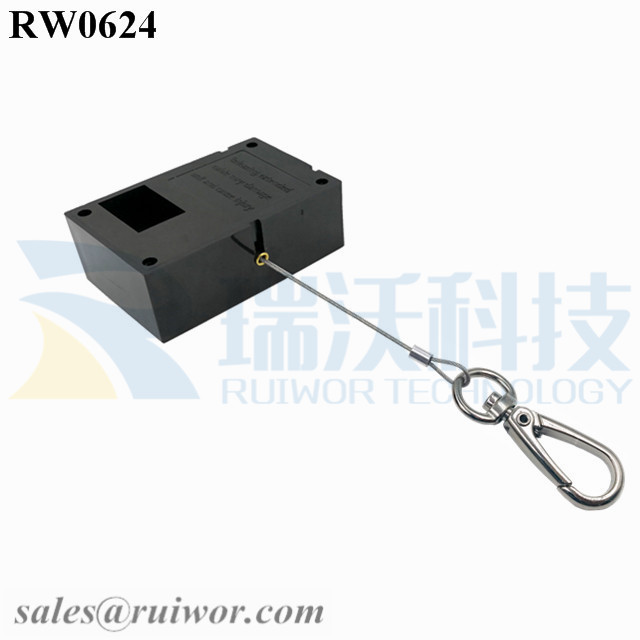 RW0624 Cuboid Ratcheting Retractable Cable Plus Stop Function and Key Hook Wire Rope End as Tethered Mechanism