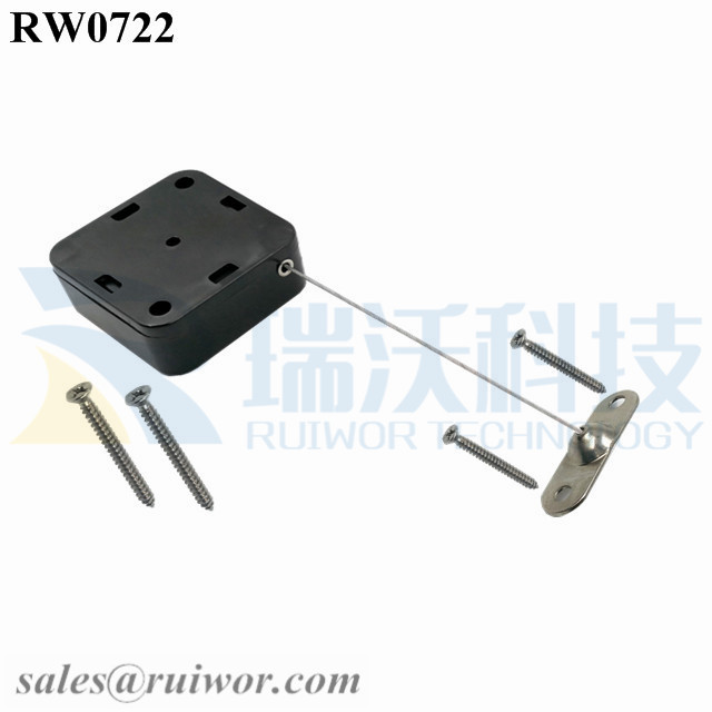 RW0722-Retractable-Cable-Mechanism-Black-Box-With-Two-Screw-Perforated-Oval-Metal-Plate-Install-By-Screw