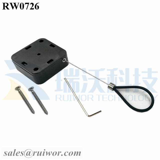 RW0726-Retractable-Cable-Mechanism-Black-Box-With-Adjustalbe-Stainless-Steel-Cable-Loop-Coated-with-Silicone-Hose-Install-By-Screw