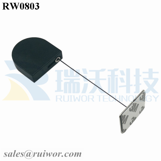 RW0803 D-shaped Small Retractable Tether Plus with Rectangular Adhesive metal Plate