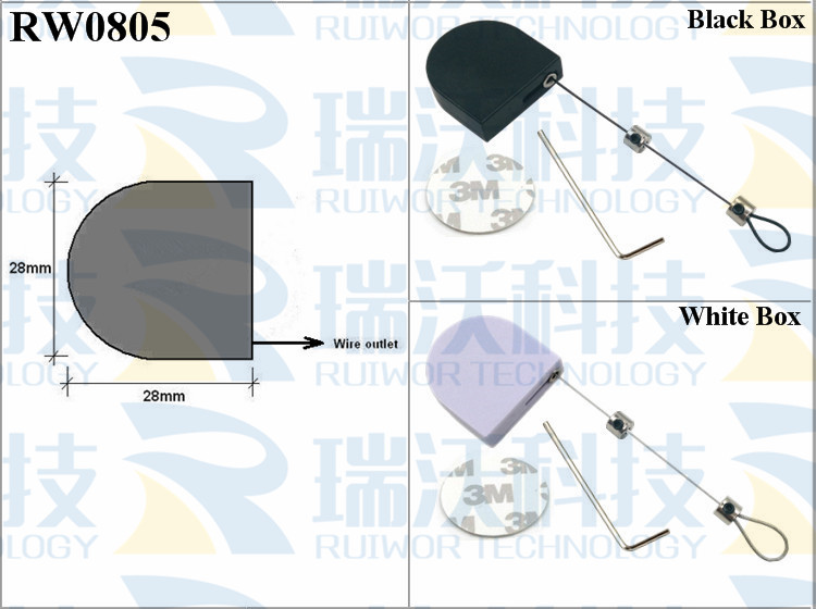 RW0805 Retractable Tether specifications (cable exit details, box size details)