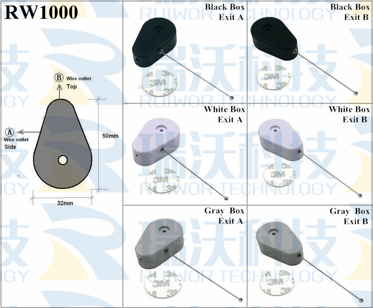 RW1000 Retractable Security Tether specifications (cable exit details, box size details)