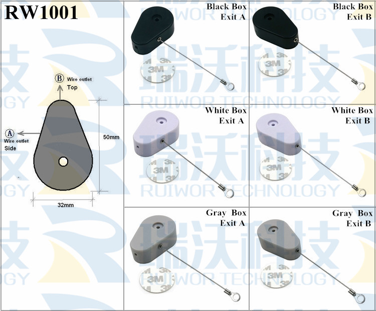 RW1001 Retractable Security Tether specifications (cable exit details, box size details)