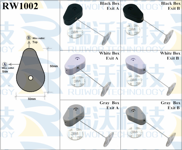 RW1002 Retractable Security Tether specifications (cable exit details, box size details)