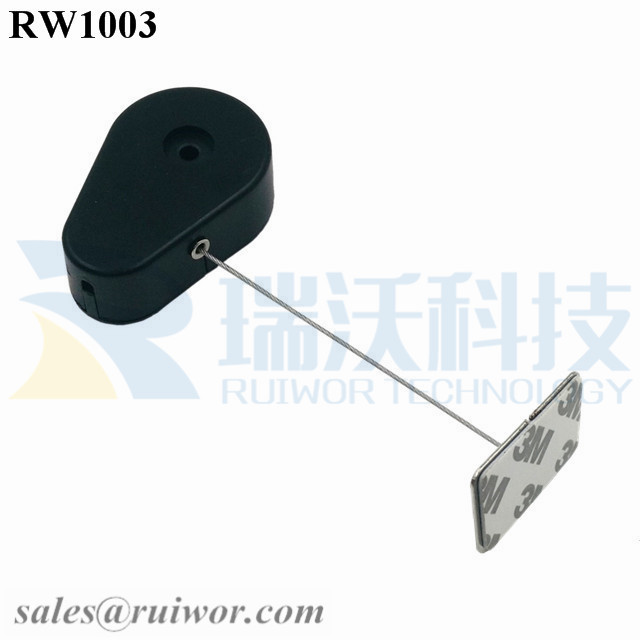 RW1003 Drop-shaped Retractable Security Tether with Steel Wire Plus Rectangular Adhesive metal Plate for Retail Products Display