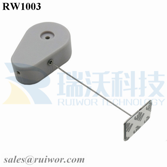 RW1003 Drop-shaped Retractable Security Tether with Steel Wire Plus Rectangular Adhesive metal Plate for Retail Products Display
