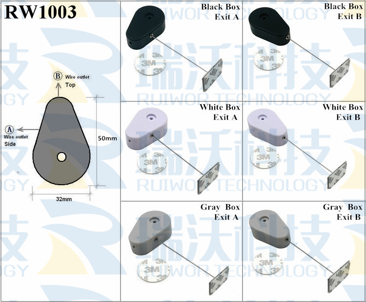 RW1003 Retractable Security Tether specifications (cable exit details, box size details)