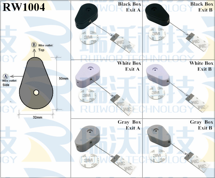 RW1004 Retractable Security Tether specifications (cable exit details, box size details)