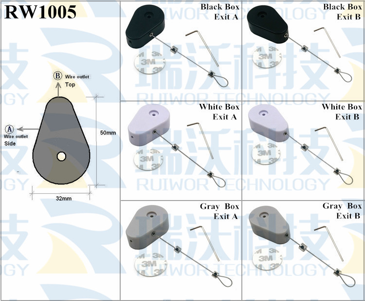 RW1005 Retractable Security Tether specifications (cable exit details, box size details)