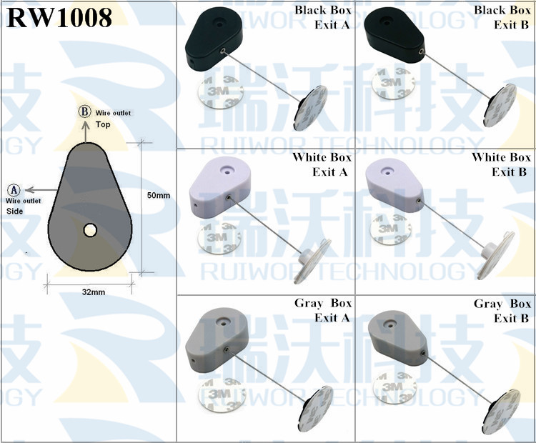 RW1008 Retractable Security Tether specifications (cable exit details, box size details)