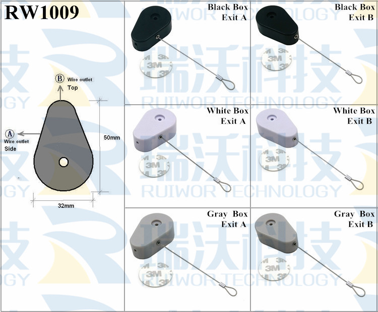 RW1009 Retractable Security Tether specifications (cable exit details, box size details)