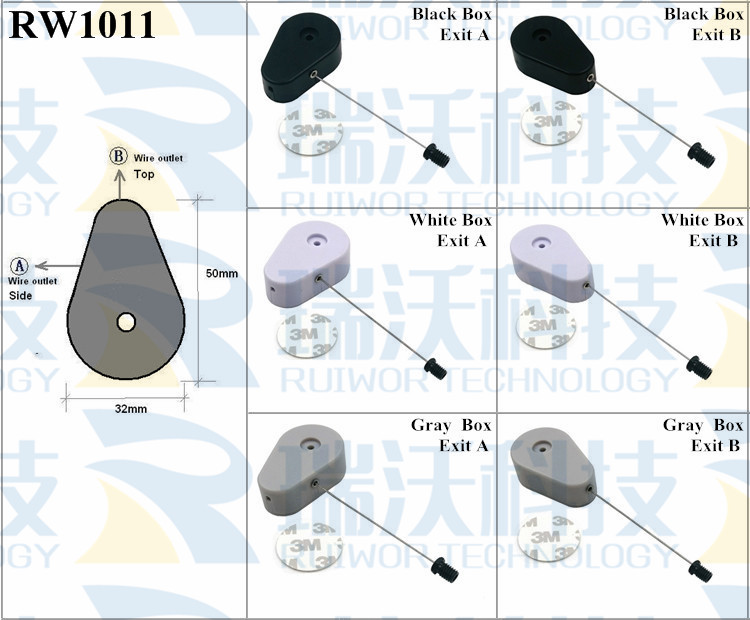 RW1011 Retractable Security Tether specifications (cable exit details, box size details)