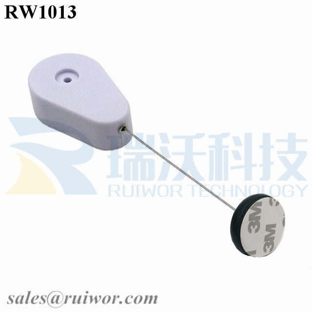 RW1013 Drop-shaped Retractable Security Tether Plus Dia 30MMx5.5MM Circular Adhesive ABS Block for Advertising Display
