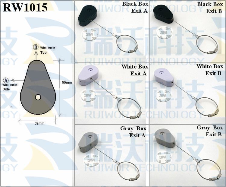 RW1015 Retractable Security Tether specifications (cable exit details, box size details)