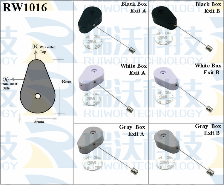RW1016 Retractable Security Tether specifications (cable exit details, box size details)