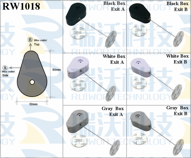 RW1018 Retractable Security Tether specifications (cable exit details, box size details)