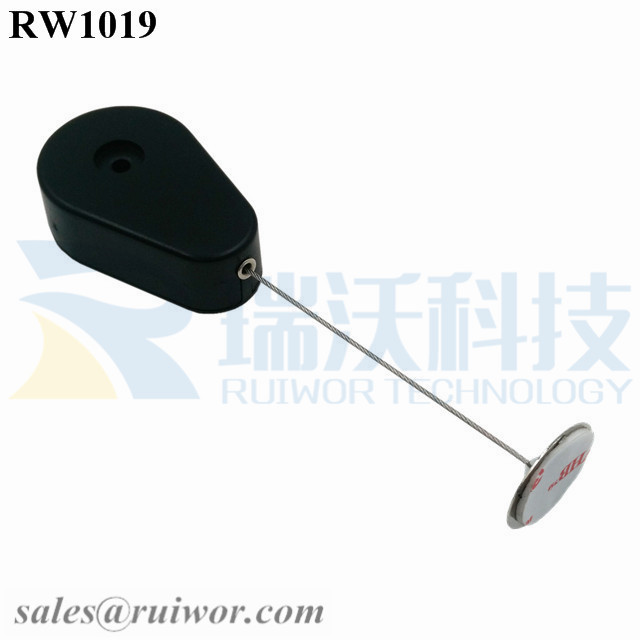 RW1019 Drop-shaped Retractable Security Tether with 22mm metal Round Clinging Plate End for Small Product Display Featured Image