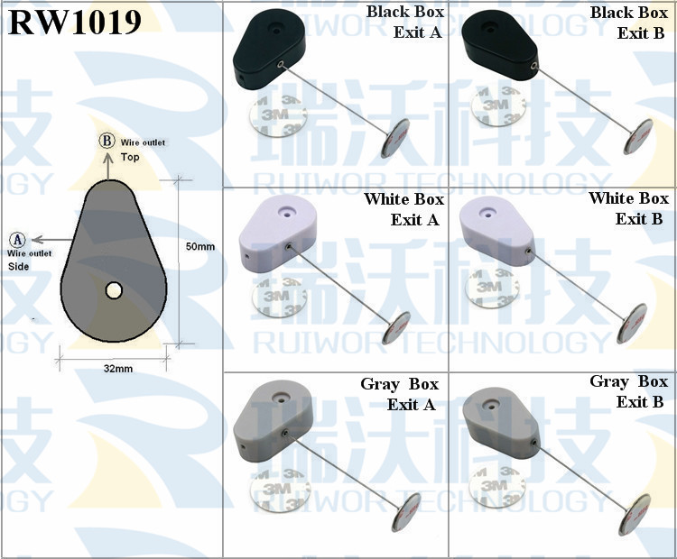 RW1019 Retractable Security Tether specifications (cable exit details, box size details)