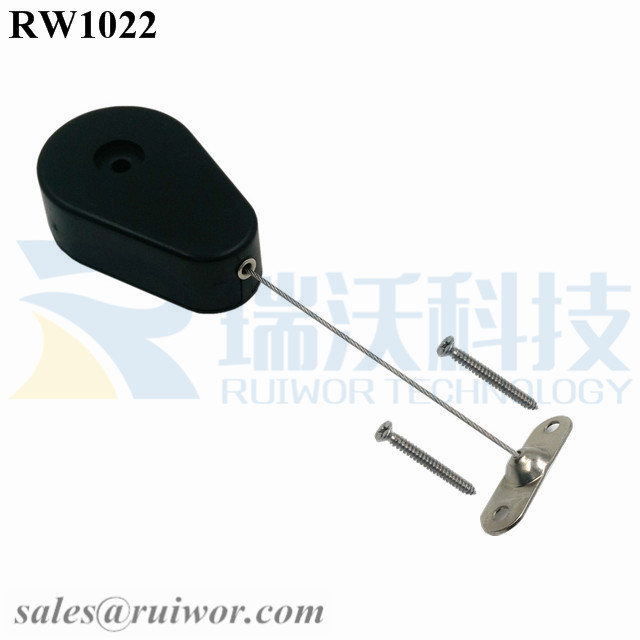 Factory directly Retractable Steel Cable - RW1022 Drop-shaped Retractable Security Tether Plus 10x31MM Two Screw Perforated Oval Metal Plate Connector Installed by Screw – Ruiwor