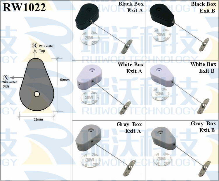 RW1022 Retractable Security Tether specifications (cable exit details, box size details)