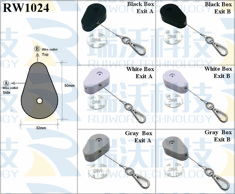 RW1024 Retractable Security Tether specifications (cable exit details, box size details)