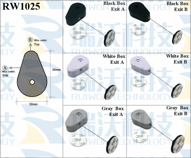 RW1025 Retractable Security Tether specifications (cable exit details, box size details)