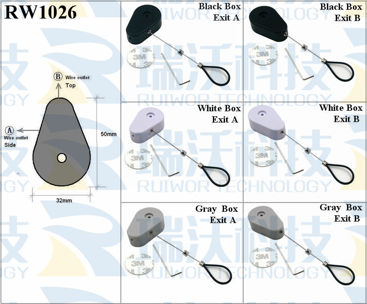 RW1026 Retractable Security Tether specifications (cable exit details, box size details)