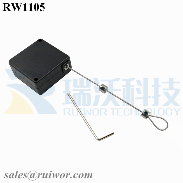RW1105 Retail Security Tether specifications (cable exit details, box size details)