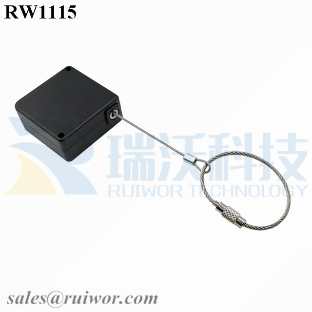RW1115 Retail Security Tether specifications (cable exit details, box size details)