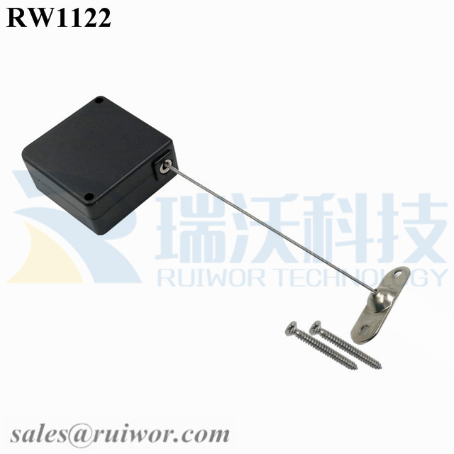 RW1122 Retail Security Tether specifications (cable exit details, box size details)