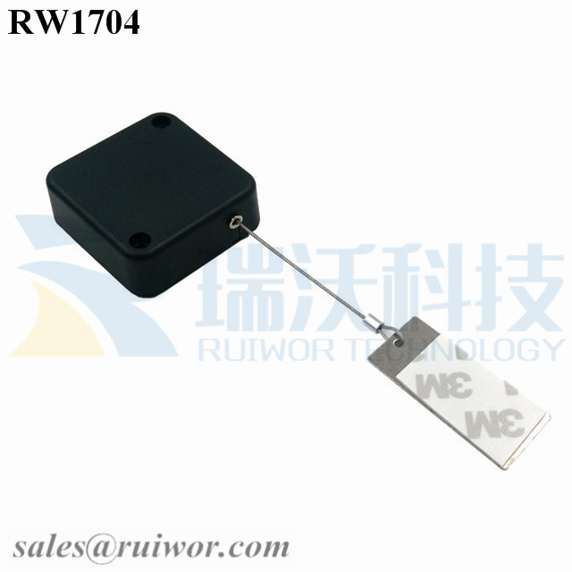RW1704-Retractable-Cable-Reel-Black-Box-With-45X19mm-Rectangular-Sticky-Metal-Plate