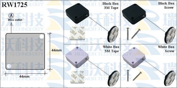 RW1725 Retractable Cable Reel specifications (cable exit details, box size details)
