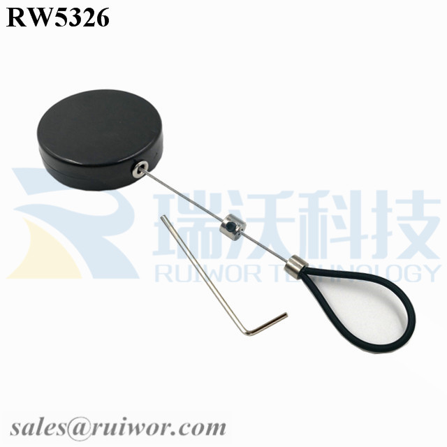 RW5326 Display Security Tether specifications (cable exit details, box size details)