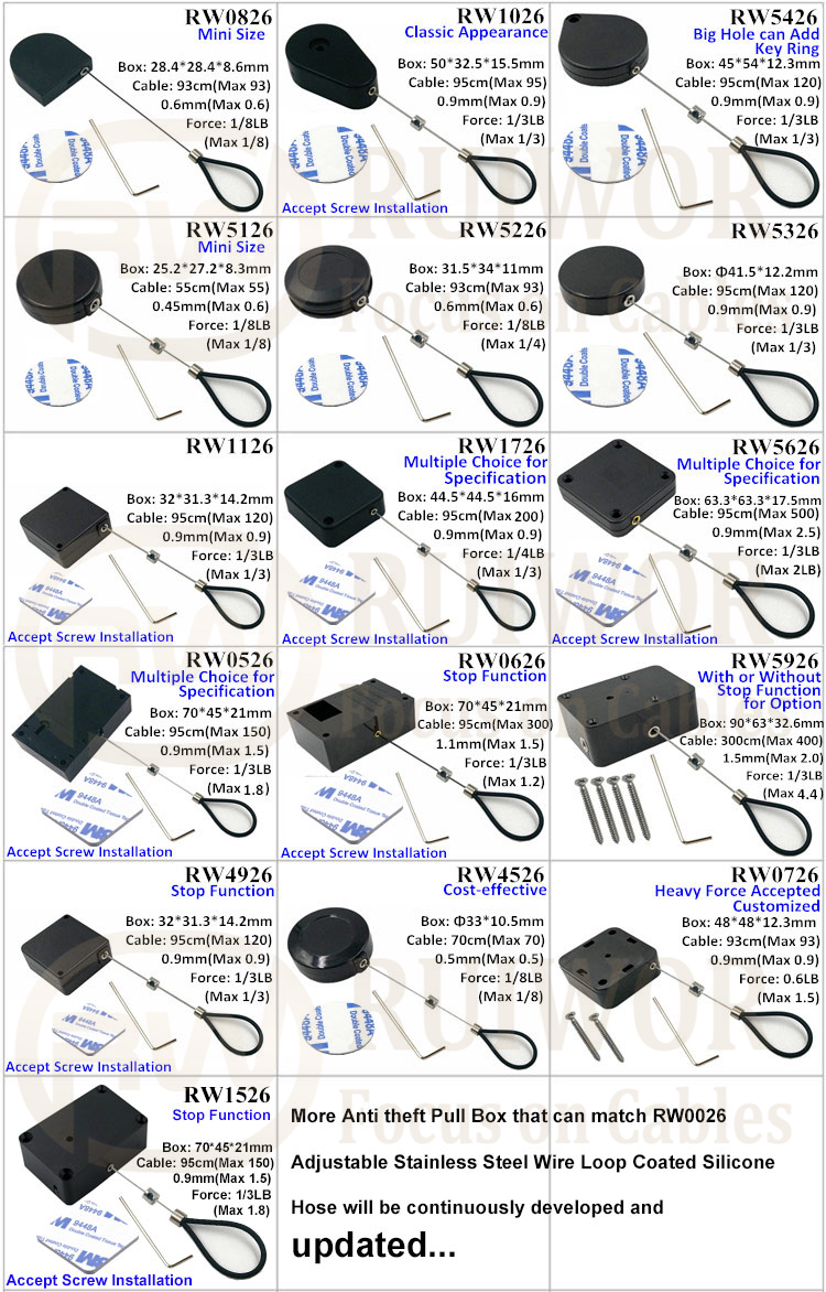 RW0026 Cable End Series Anti Theft Pull Box with Adjustalbe Stainless Steel Anti theft Cable Loop Coated with Silicone Hose